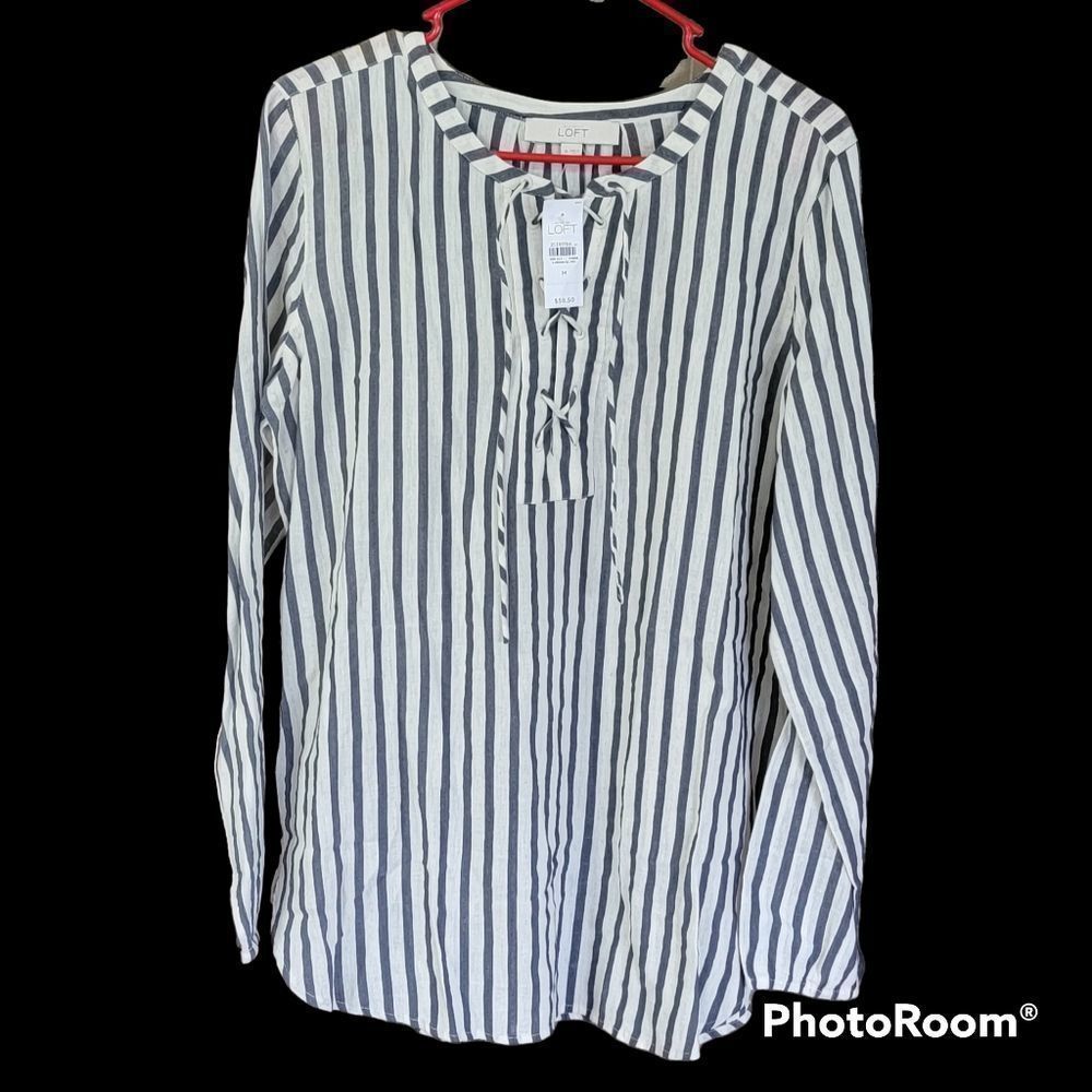 LOFT Linen Blend Striped Lace-Up Blouse NWT